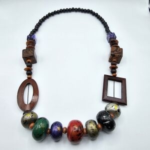 Trendy Wood Beads Geometric Chunky Necklace Multi Colors (approx 28")